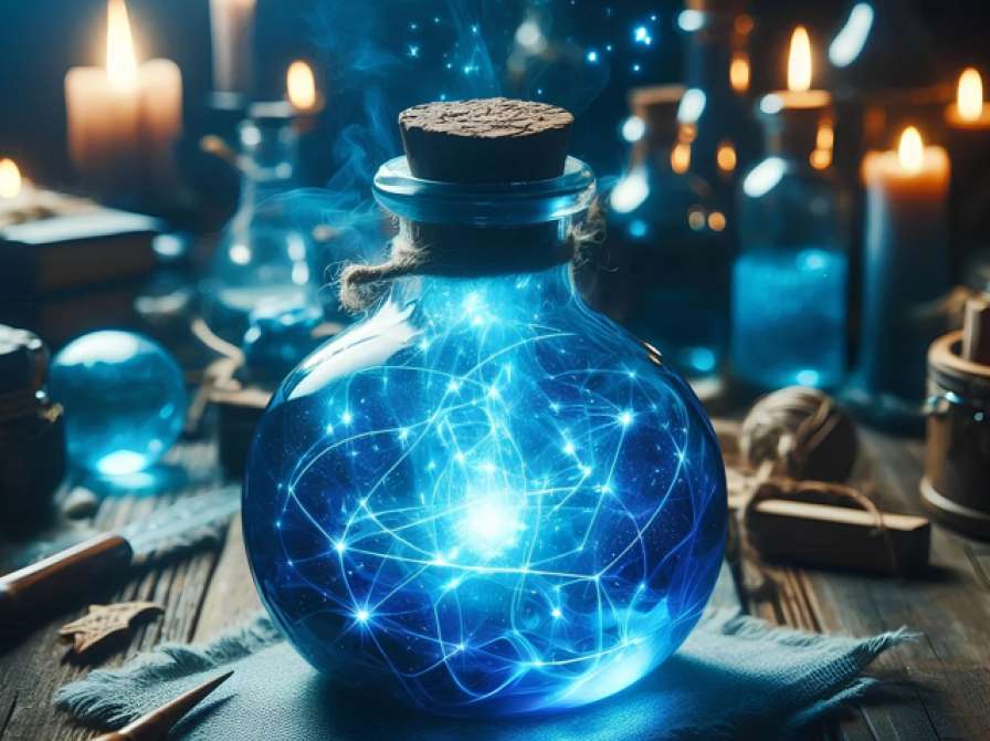 En flaske med trylledrik på et bord med magiske remedier. Flasken indeholder stjerneglimt på en mørkeblåbaggrund, hvor glimtene forbinder sig med hinanden med tråde af lys.